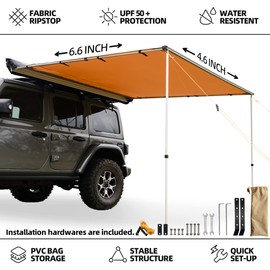 SAMOUT Vehicle Awning, 4.6ft x 6.6ft, Rooftop Pullout Ripstop UPF50+ Side Awning, Reinforced Hinges & Poles for Jeep/SUV/Truck/Van