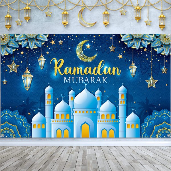 Ramadan Mubarak Background Decoration Muslim Background Banner Ramadan Kareem Background Eid Mubarak Background for Home Muslim Ramadan Eid Al Fitr Party Supplies (Blue)