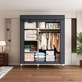 ArluKin Portable Wardrobe Closet Durable and Easy to Assemble Heavy Duty Clothes Rack with Non-Woven Cover Fabric Best for Bedroom and Easy Storage and Organization (Grey-C)
