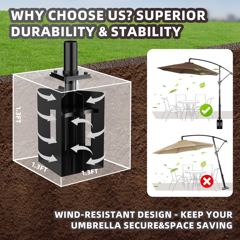 SERABETTO In-Ground Umbrella Base, 2200lbs Capability In-Ground Umbrella Holder, Outdoor