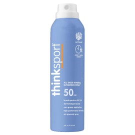 Thinksport Spray Sunscreen, All Sheer SPF 50 Zinc Oxide Mineral Sunscreen, 6 Fl Oz, Natural, Water Resistant, Reef Safe, Broad Spectrum UVA/UVB Sun Block for Sun Protection, Vegan | THINK