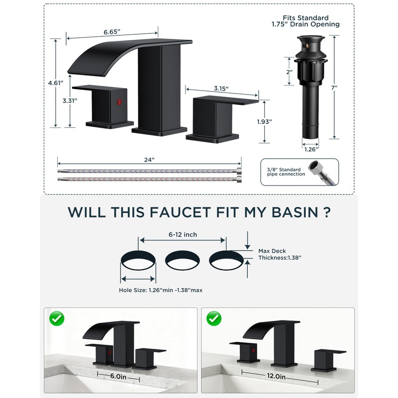 FORIOUS Square Matte Black Bathroom Faucets 3 Hole, Waterfall 8