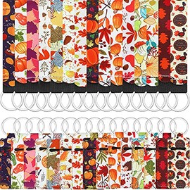 30 Pieces Chapstick Holder Keychains Set with Wristlet Lanyards Fall Theme Neoprene Chapstick Holder for Women Girls Lip Balm Holder Pouch Tracker Keys Chains Hand Wrist
