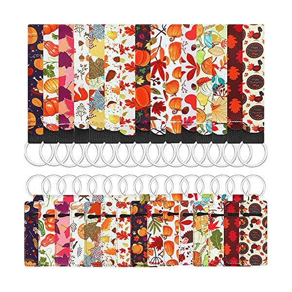 30 Pieces Chapstick Holder Keychains Set with Wristlet Lanyards Fall