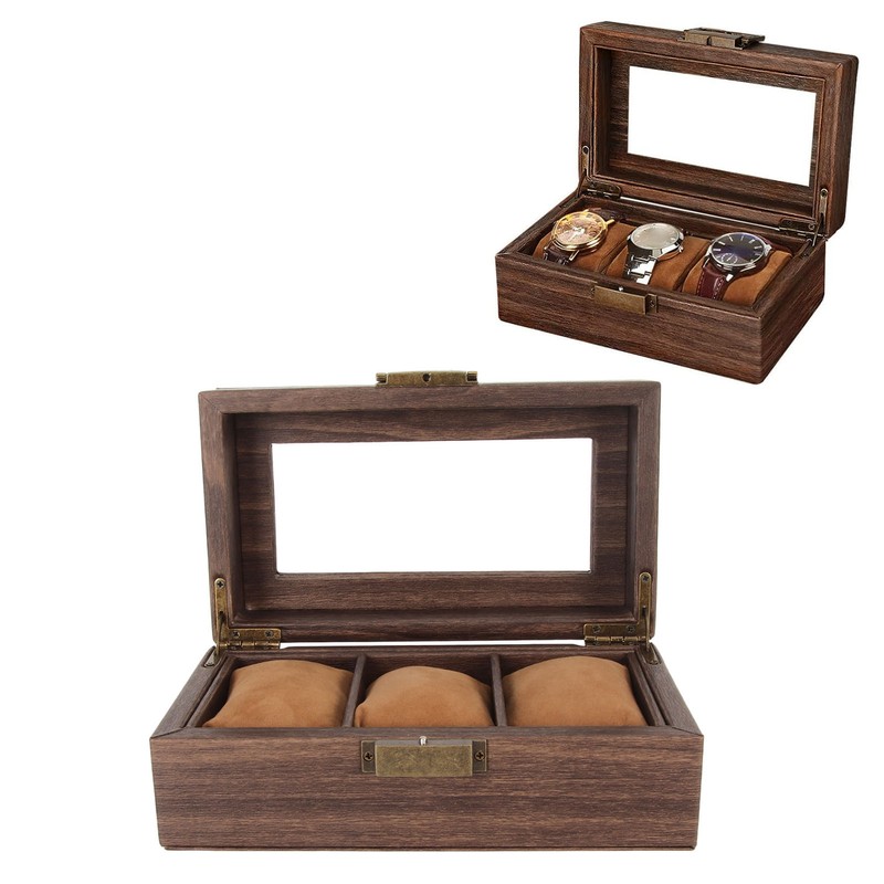 3 Slot Watch Display Case Wood Detachable Pillow Glass Cover