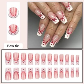 VIVABOMS French Bow Press On Nails,Sweet & Trendy False Nails, Reusable Nail Artificial Nails for Women and girls, Party, Bridal & Daily Wear 24 PCS