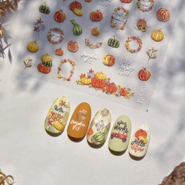 Pumpkin Nail Stickers 3D Self-Adhesive Garland Nail Art Stickers Flower Nail Decals 5D Embossed Green Pumpkin Nail Designs Autumn Fall Nail Art Decoration for Women Girls Manicure 1 Sheet