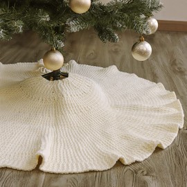 LimBridge Christmas Tree Skirt, 36 inches Lotus Leaf Edge Pattern Knitted Thick Rustic Tree Skirts, for Xmas Decor Holiday Decoration, Cream