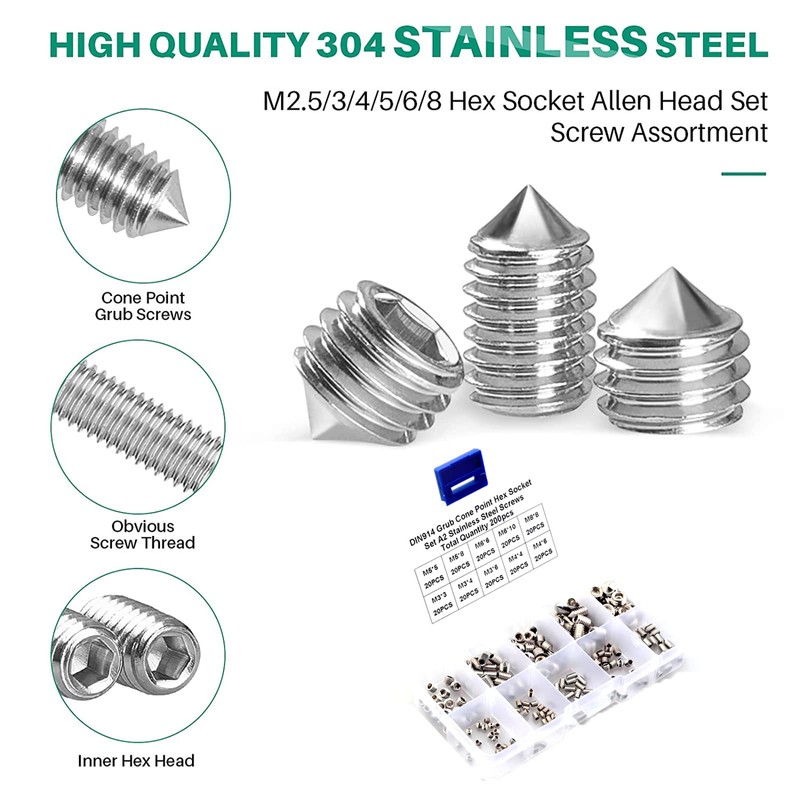 Skyzone Set of 200 Grub Screws Assortment Set, M3/M4/M5/M6/M8 Allen