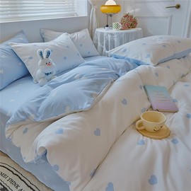 ZBOOM Blue Heart Duvet Cover Set Twin Kids Girls Blue White Reversible Bedding Set Cute Lovely 2 Pieces Comforter Cover with Zipper Ties