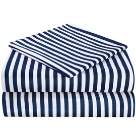 HOMEIDEAS 3 Piece Bed Sheets Set, Extra Soft Brushed Microfiber Fabric Bedding Sheets, Wrinkle & Fade Free - Flat Sheet, Fitted Sheet with 1 Pillowcases(Single, Navy Pinstripe)