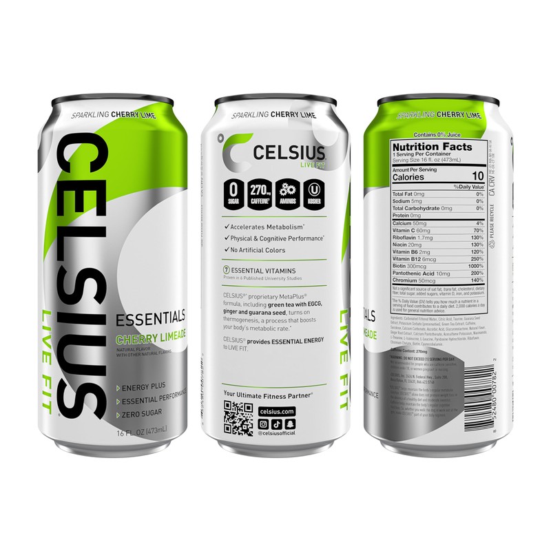 CELSIUS ESSENTIALS, Sparkling Cherry Limeade, Performance Energy Drink 16 Fl