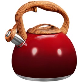 GGC Tea Kettle for Stove Top, 3.1QT/3L Whistling Tea Kettles for Boiling Water Coffee or Milk, Gradient Red Pot with Wood Parttern Handle, Stainless Steel Kettle Pot for Home and Kitchen