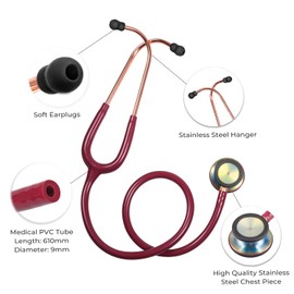 Scienlodic Double-Sided Stethoscope with Ear Tips, Professional Stethoscope for Doctor Nurse Clinical Student Use, Customized Gold-Plated High-end - Wine
