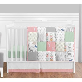 Coral, Mint and Grey Woodsy Deer Girls Baby Bedding 4 Piece Crib Set
