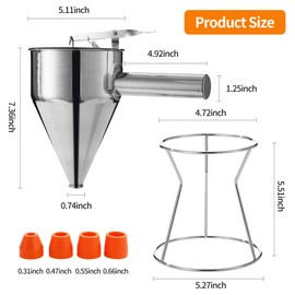 Dough Dispenser, Pancake Dough Dispenser, 1200 ml, Stainless Steel Dough Dispenser with Stand, Comes with Lid, Cleaning Brush and 4 Replacement Nozzles, for Pancake Desserts