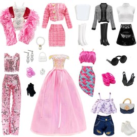 28 Pcs Dolls Clothes and Accessories, Include 7 Beautiful Sets, Also Included 1 Sunglasses + 2 Bags + 1 Pair Of Earrings + 1 Bracelet + 1 Pearl Necklace, Sets for 11.5 Inch Dolls
