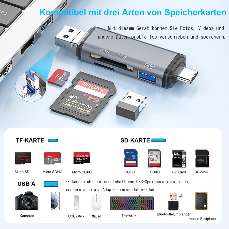 6 in 1 SD Card Reader, 3 Male USB A/USB