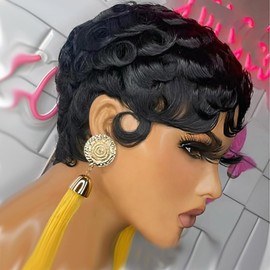 VRZ Short Pixie Cut Wigs for Black Women 100% Brazilian Human Hair Full Machine Made Wigs Glueless Natural Black Color Curly Human hair