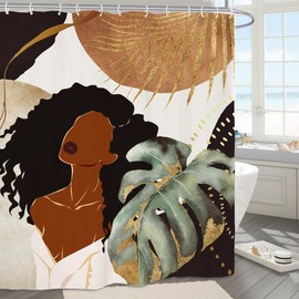 Yookeb Abstract African American Bathroom Shower Curtain 60W by 71H Inch Mid Century Monstera Boho Brown Vintage Black Girl Woman Polyester 12 Plastic Hooks Waterproof Decor