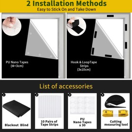 300x145cm Blackout Blinds Stick On, Temporary 100% Blackout Window Film, Portable Black Out Curtains No Drill With 8 Velcro Pairs, Easy To Cut Fit Any Size Shape Windows For Bedroom Travel RV Car