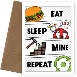 Gamer Birthday Card for Son Adult Grandson Boy - Eat Sleep Mine Repeat - Gaming Birthday Card for 10 Year Old Boy, 11th, 12th, 13th, 14th, 15th, 16th
