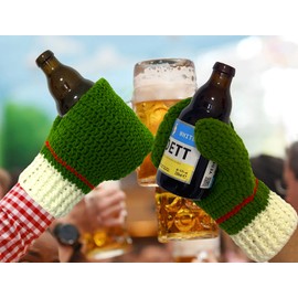 Knit Stitched Beer Mitten Gloves Drink Holder for White Elephant Gag Gift Tailgating Idea Drinking Beer Outdoor in Winter (Green/A Pair)