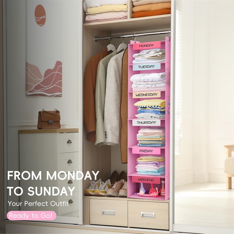 VERONLY Weekly Hanging Closet Organizer for Kids, 6-Shelf Clothes Storage