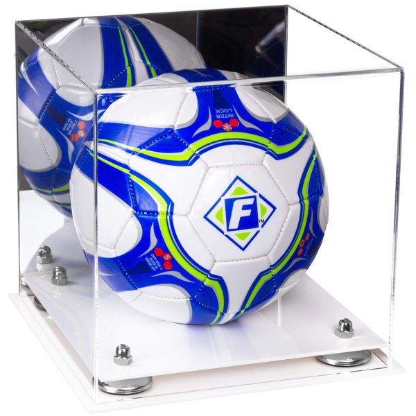 Better Display Cases Acrylic Soccer Ball Display Case with Mirror, Silver Risers and White Base (B02)