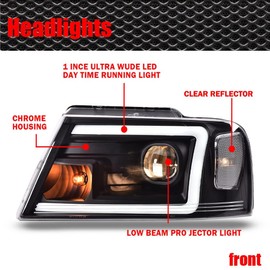 CNNELL LED Headlights Compatible with Ford F-150 Pickup 2004-2008/Lincoln Mark LT 2006-2008 (NOT For 04 F150 Heritage/Flareside Beds Models) Smoky lens Chrome Housing Amber Reflector