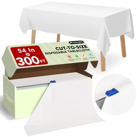 54 in X 300 FT White Plastic Table Cover Roll with Slide Cutter，Cuts Up to 36 Rectangle 8 Feet Disposable Plastic Table Cloths，Disposable Table Cover Roll for Dinning，Parties，BBQ，Wedding，Outdoor