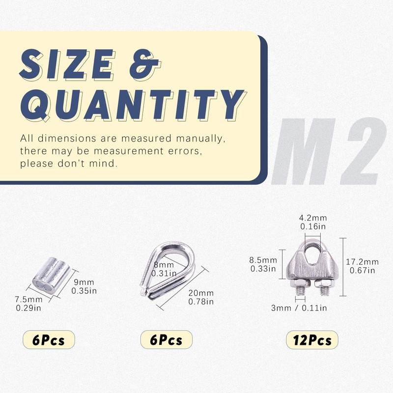 Glarks 24Pcs M2 Wire Rope Cable Clip Clamp with Cable