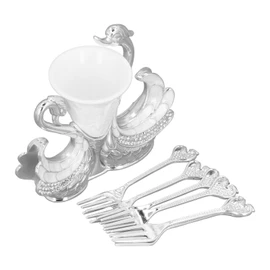 Swan Base Fork Holder Set Elegant Multifunctional Decorative Swan Flatware with 6 Forks for Fruit Salads Coffee Desserts Silver White