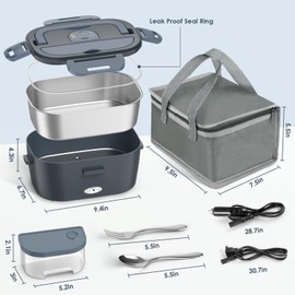 Heyfavor Electric Lunch Box for Adults, 80W Portable Food Warmer, 12V/24V/110V 3 in 1 Heated Lunch Box for Car/Truck/Office, with 1.5L Stainless Steel Container, Fork & Spoon and Insulated Bag (Blue)