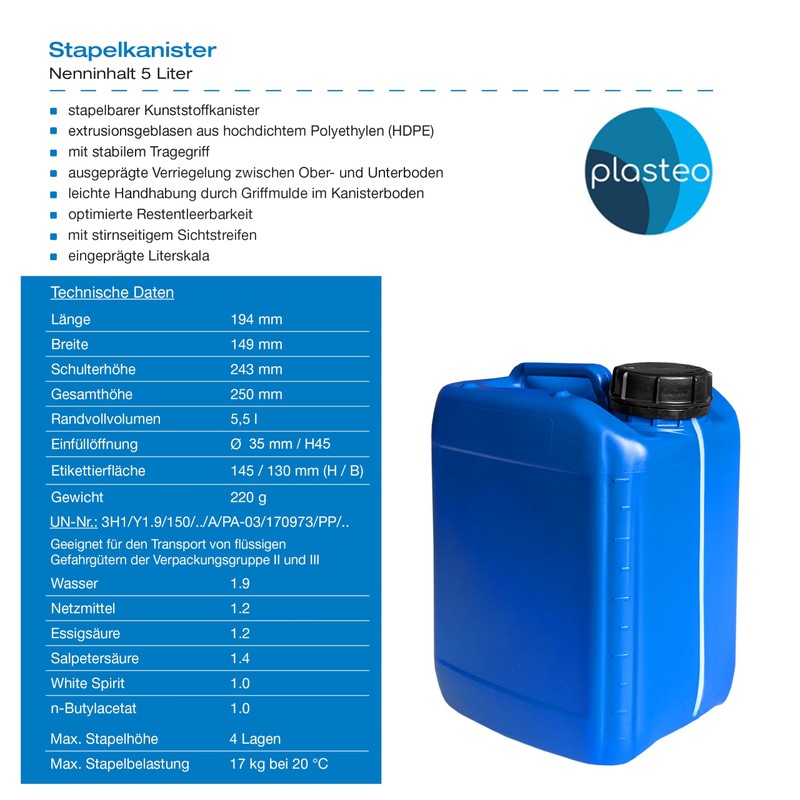 plasteo® 10 x 5 Litre Canister with Safety Lock (DIN