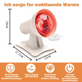 Timisea Infrared Lamp 150 W Red Light Lamp with 4 Temperature Levels and 3 Timer Levels, Heat Lamp for Depth Effect, Portable with Multi-Level Angle Adjustment