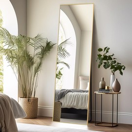 Full Length Mirror, Full Body Mirror with Stand, Hanging or Leaning for Wall, Aluminum Alloy Thin Frame Floor Standing for Bedroom, Living Room, Cloakroom Decor mirrors Full Length - Color: Golden Rectangle, Size: 21" x 64"