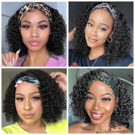 Headband Wig Human Hair Deep Wave Wig Women's Real Hair No Lace Human Hair Wig Wear and Go Glueless Wig for Black Women 150% Density Natural Colour 10 Inches (25 cm)
