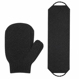 Body Exfoliating Gloves Back Scrubber Set, Exfoliating Shower Towel Body Scrubber for Deep Cleansing, Wash Gloves to Remove Dead Skin Exfoliator for Men & Women (Black)