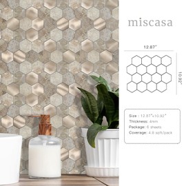 Miscasa Hexagon Peel and Stick Backsplash for Kitchen Wall, 6 Sheets Ecru Slate Marble Self- Adhesive Stick on Backsplash PVC Wall Tiles for Bathroom