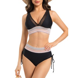 Women High Waisted Bikini Sets Tummy Control Swimsuits Colorful Wave Color Block Swimwear Two Piece Drawstring Bathing Suit, Black, XX-Large