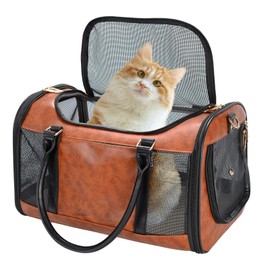 Designer Soft Sided Pet Carrier for Small Dogs Cats, Stylish PU Leather Travel Pet Purse, TSA Airline-Approved, Fits Puppies, Kittens and Small Pets Up to 15lbs. (Brown, 17" L x 11" W x 11" H)