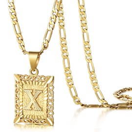 KissYan-Men's Initial Letter Pendant Necklace, 14K Plated Square Capital Monogram Necklace Al Abets From A Z Figaro Chain Necklace(Hollow Letter X) Gold