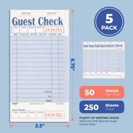FMP Brands Guest Check Books for Servers, Server Note Pads Paper, Total 250 Sheets (5 Pads), Blue with Guest Receipt, Guest Check Pads, Restaurant Order Pads, Waitress Notepads