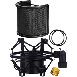 Microphone Shock Mount with Pop Filter, Mic Anti-Vibration Suspension Shock Mount Holder Clip for Diameter 46mm-51mm Microphone