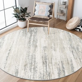 MUJOO Round Rugs 5ft,Circle Area Rug Washable,Circular Throw Carpet for Living Room Dining Room,Modern Abstract Non Slip Indoor Accent Neutral Beige and Grey