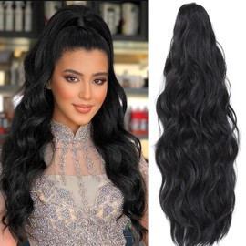 XC CLOUDS 28Inch Long Body Wavy Black Ponytail Extension for Women Synthetic Hair clip in hair extensions Heat Resistant Synthetic Hairpiece for Women
