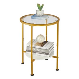 ZEXVIDA Tempered Glass End Table with Storage Shelf for Small Spaces,16.15" Round Accent Table for Bedroom, Sofa Side Table with Bottom Storage​ for Living Room(White Gold)