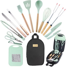 Camkinger Camping Silicone Kitchen Utensils Cooking Equipment Set - 15 Pcs Green Camping Cookware Set, Outdoor Camping Essentials Accessories, Camping Gear for Travel, Camping Gifts for Men Women