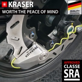 KRASER KR114S Motorcycle Disk Lock SRA Approved, Double Lock ø14mm/0.55in + Lightweight, High Security Stainless Steel Lock, Reminder Cable, Heavy Duty Anti Theft Brake Wheel Lock for Motobike Scooter